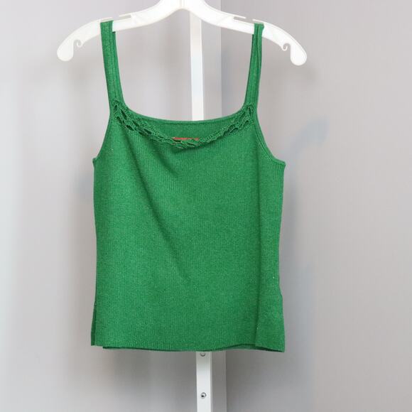 Vintage Oscar de la Renta Green Knit Tank Top Size M Sleeveless Lace Trim - Picture 1 of 7